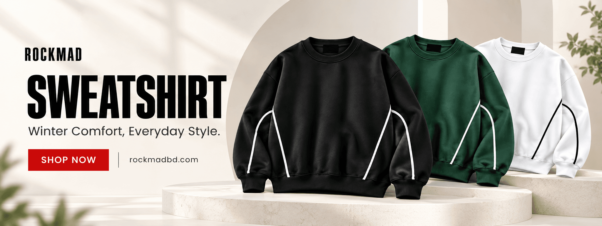 ROCKMAD black, white and bottle green crewneck sweatshirts with contrast piping — winter collection in Bangladesh