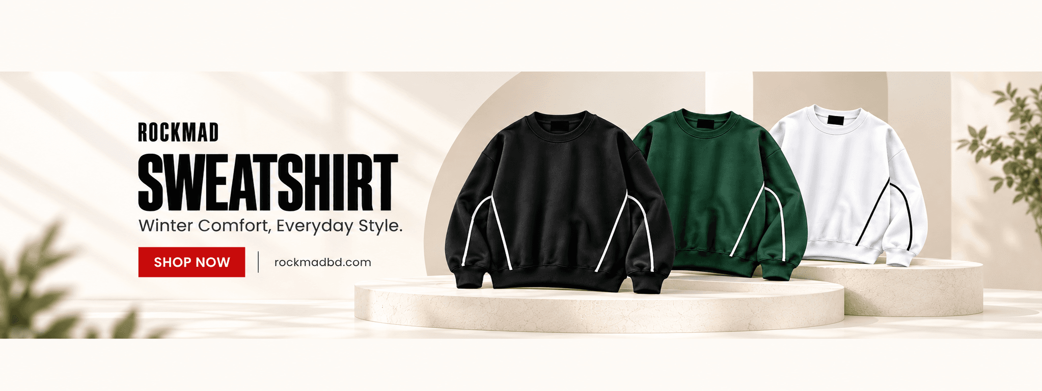 ROCKMAD black, white and bottle green crewneck sweatshirts with contrast piping — winter collection in Bangladesh.